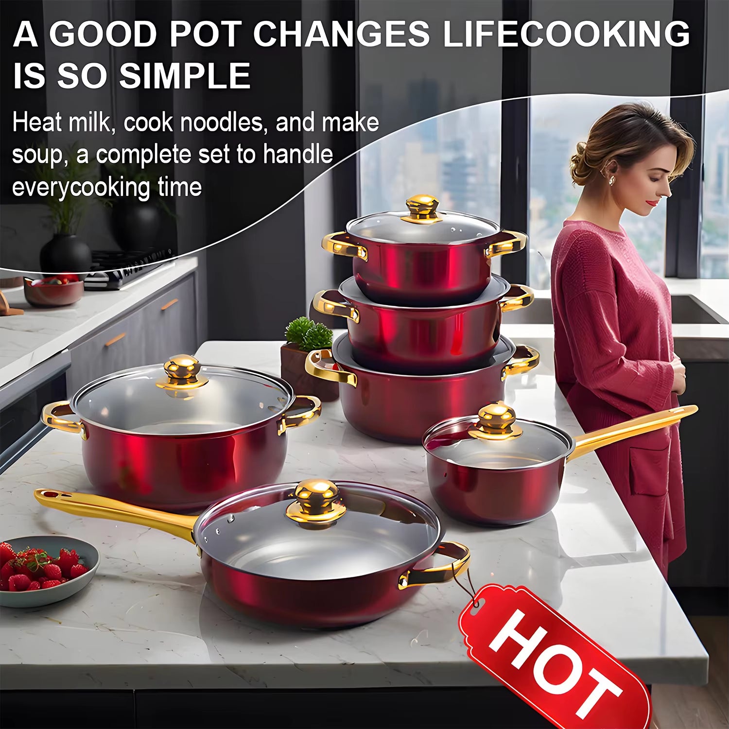 Elevate Your Cooking Experience with the 12-Piece Red Stainless Steel Non-Stick Cookware Set - Your Complete Kitchen Solution!