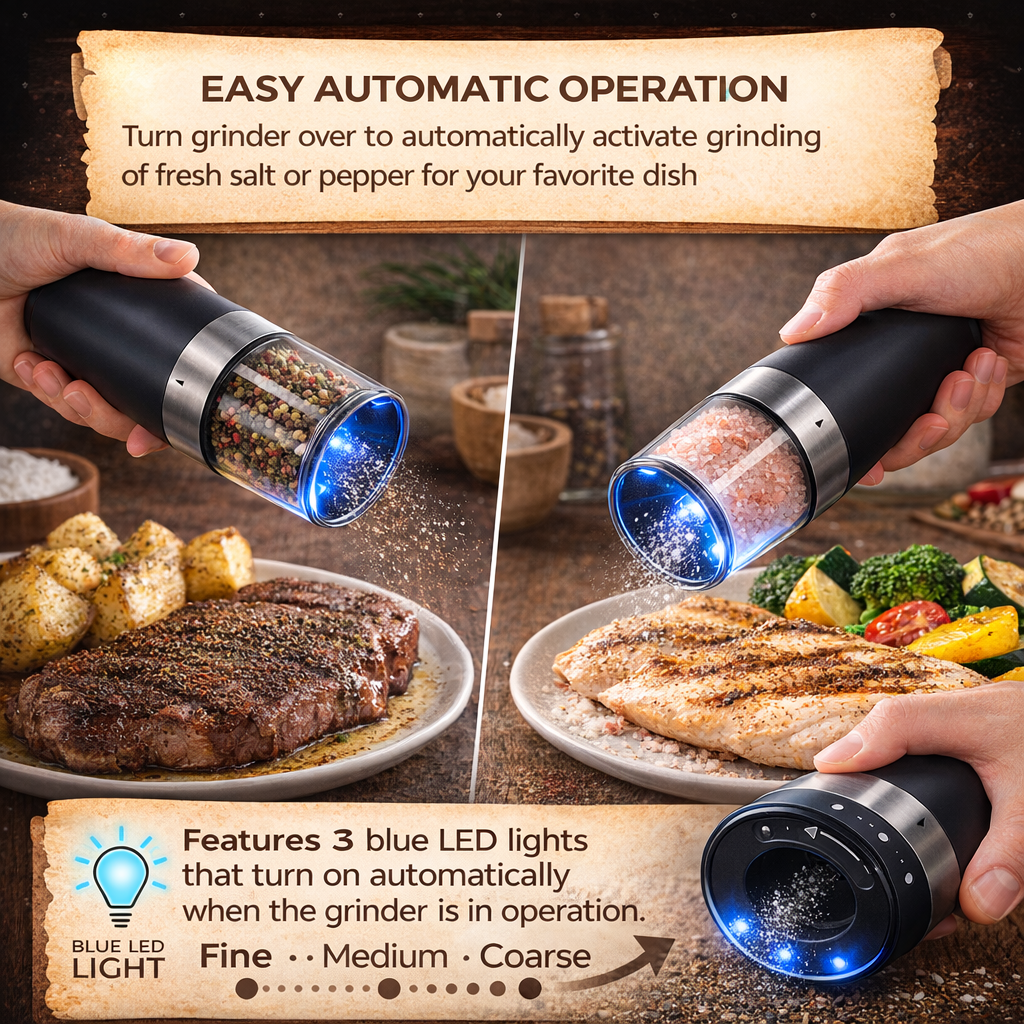 Electric Salt and Pepper Stainless Grinders (Set of 2) with Luxury Blue LED