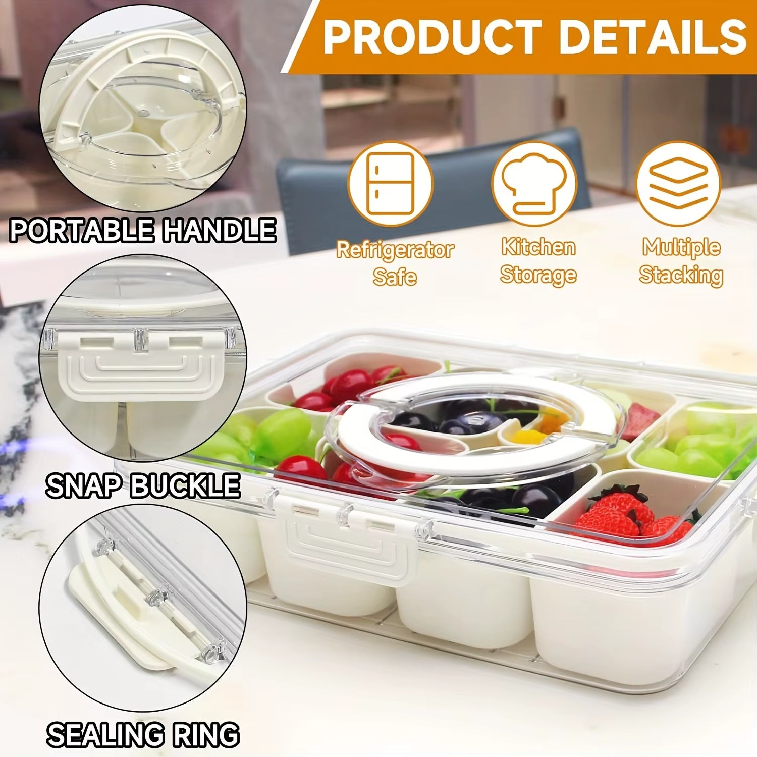 4Grid /8 Grid Snack Box Container, Portable Travel Charcuterie Board with Lid, Refrigerator Food Storage Box, Snack Organizer