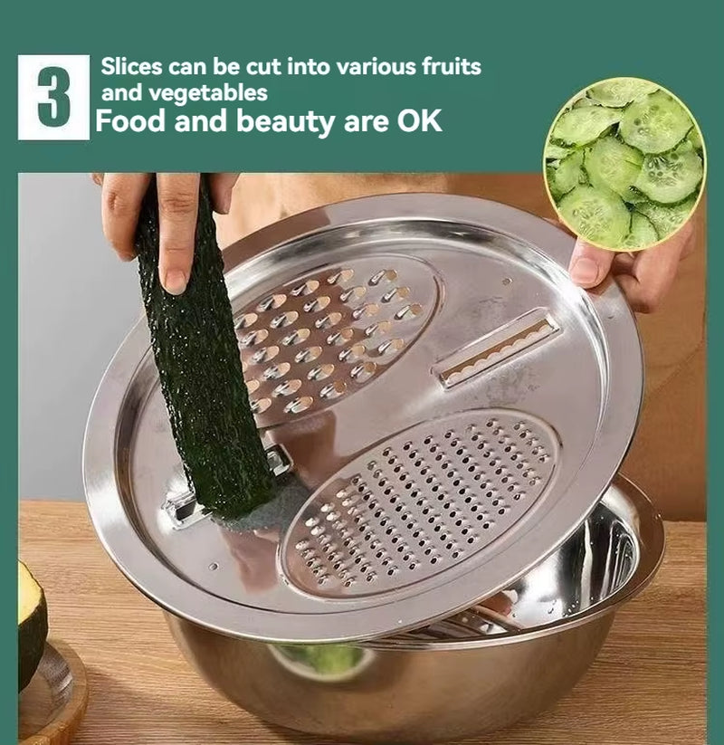 3Pcs/1Set Vegetable Slicer, Stainless Steel Slicer, Potato Slicer, Vegetable Washing Basin, Drain Basket, Multifunctional