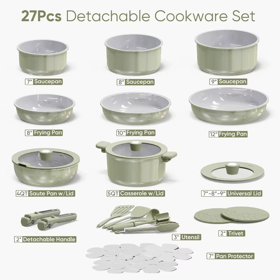 27Pcs Ceramic Cookware Set Nonstick, Pots and Pans Set Non Stick, Non Toxic Cookware, Dishwasher/Oven Safe, Rv/Camping Cookware