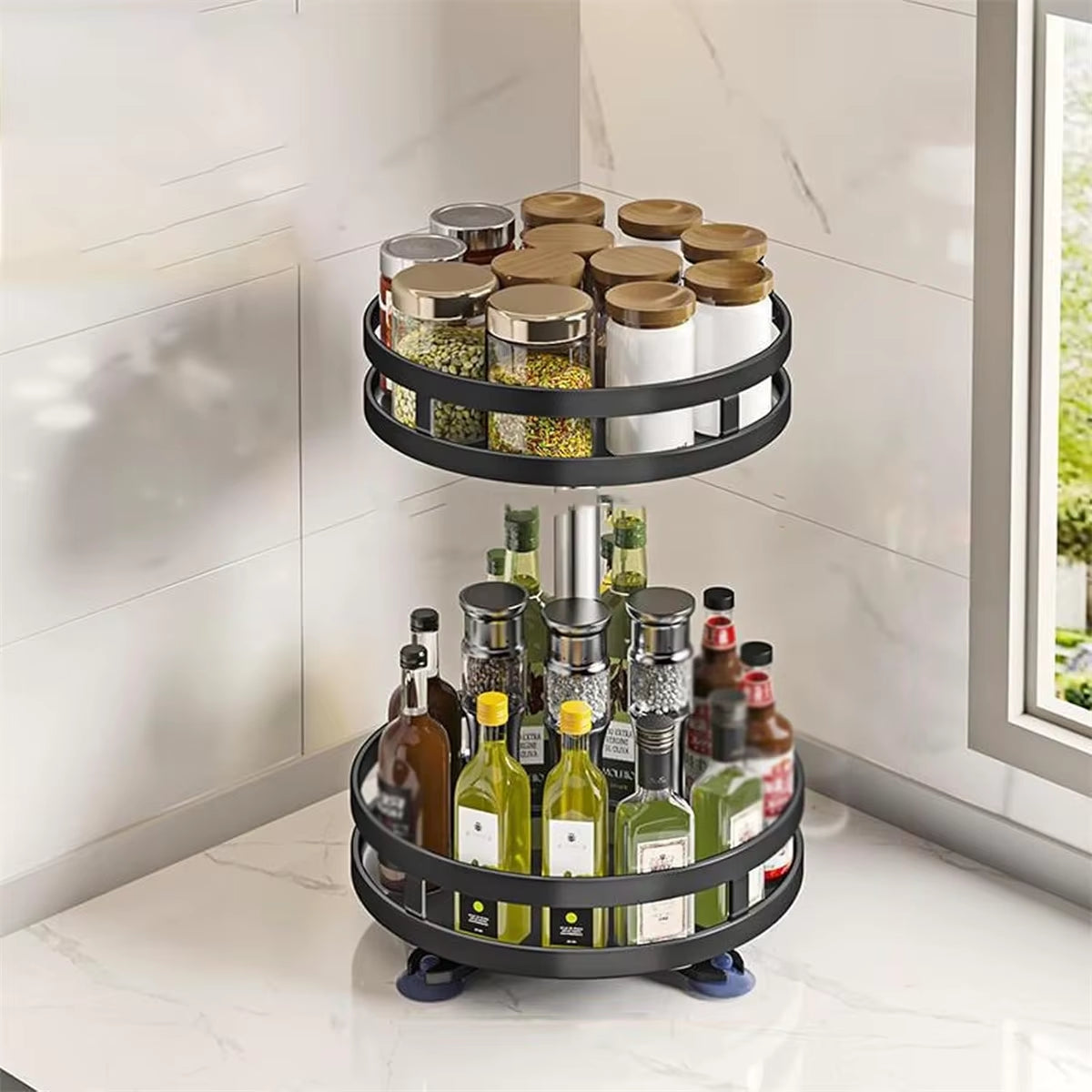 360° Rotation Carbon Steel Spice Rack Organizer Non-Skid Kitchen Storage Tray for Seasonings and Cans - Efficient Spice