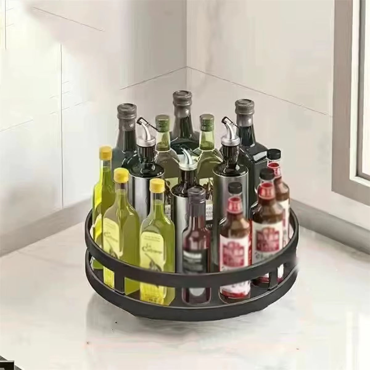 360° Rotation Carbon Steel Spice Rack Organizer Non-Skid Kitchen Storage Tray for Seasonings and Cans - Efficient Spice