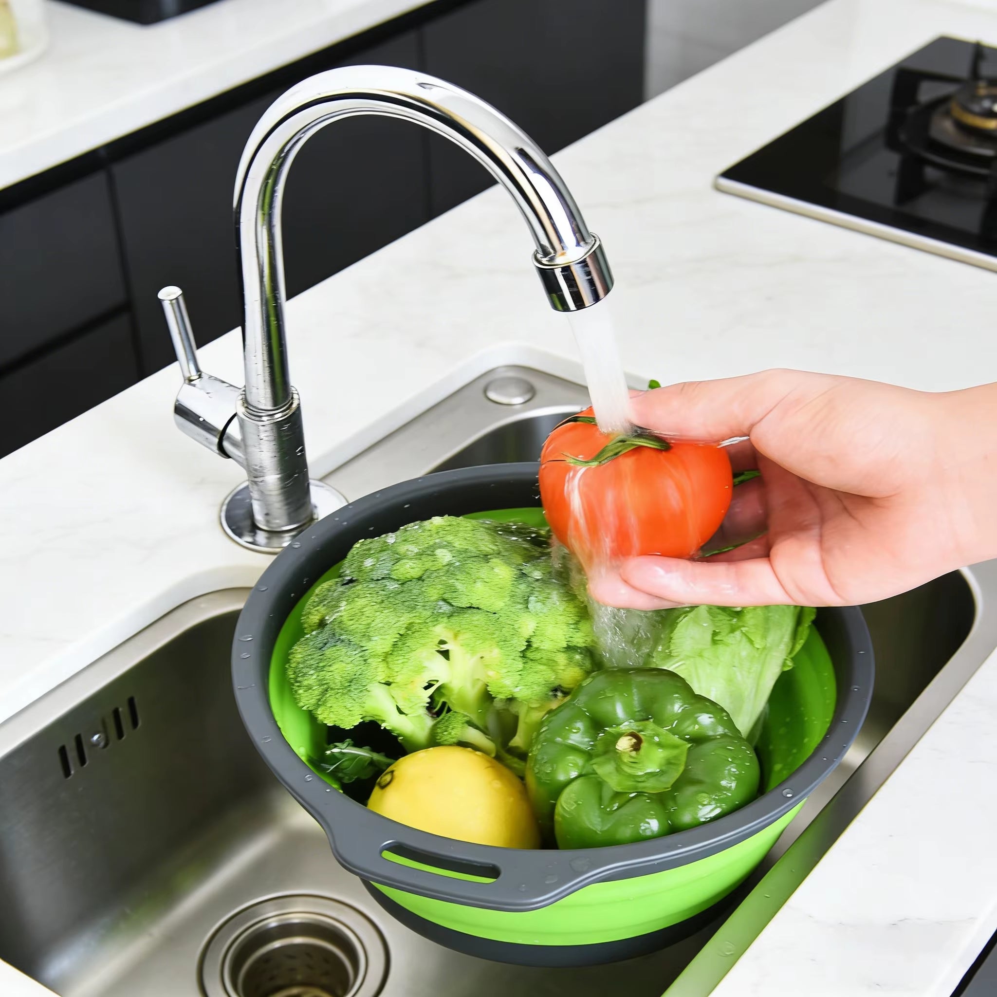 Silicone Foldable Fruit Vegetable Cleaning Basket, Collapsible Draining Colander Strainer, Kitchen Sink Water Filter Gadget
