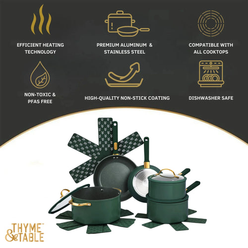 12-Piece Non-Stick Granite Collection Cookware Set, Pots and Pans Set - Hunter Green