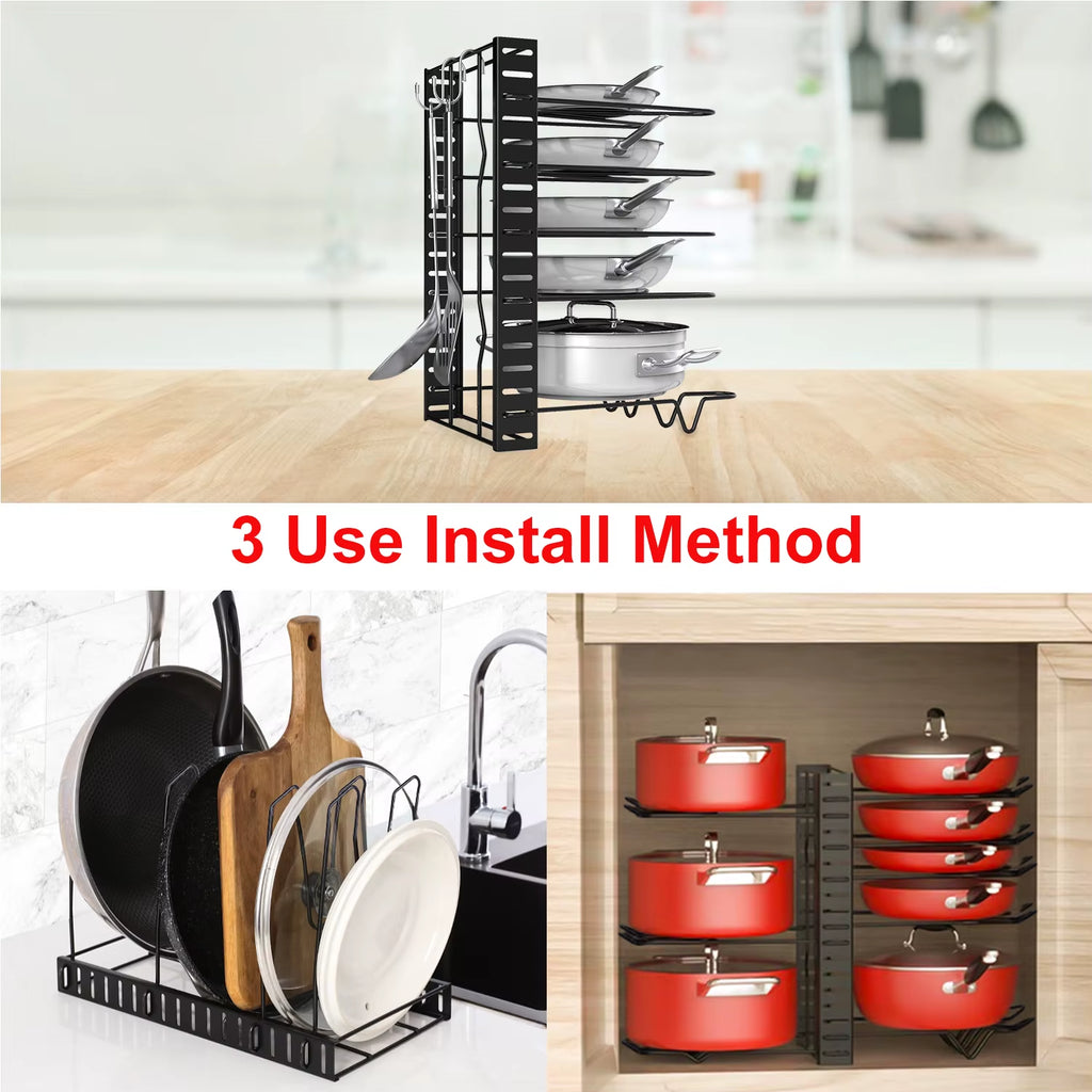 8-Tier Duty Pot Rack Organizer Durable Metal Space-Saving Cabinet Holder for Cabinet Cookware Organizers and Storage