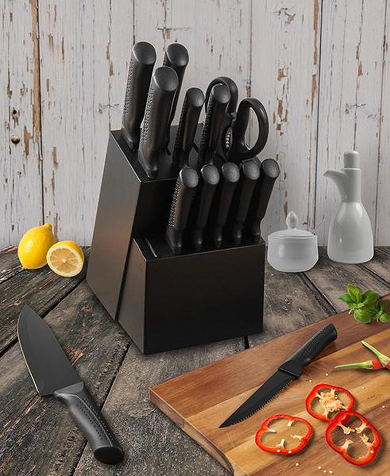 Elevate Your Culinary Skills with Our Premium 15-Piece Self-Sharpening Knife Set - Dishwasher Safe & Stylish Black Design