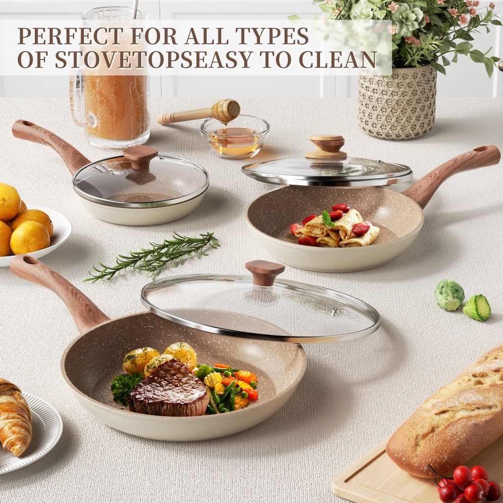 Nonstick Frying Pan and Skillet Set with Lid, 8", 9.5" and 11" Granite Cooking Induction