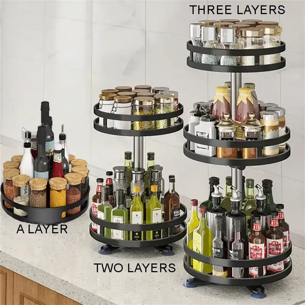 360° Rotation Carbon Steel Spice Rack Organizer Non-Skid Kitchen Storage Tray for Seasonings and Cans - Efficient Spice