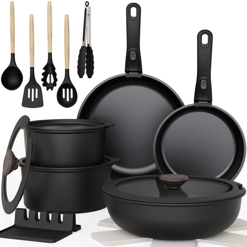 Astercook 21-Piece Nonstick Cookware Set - Versatile Kitchen Essentials with Detachable Handle for Effortless Cooking and Easy Storage