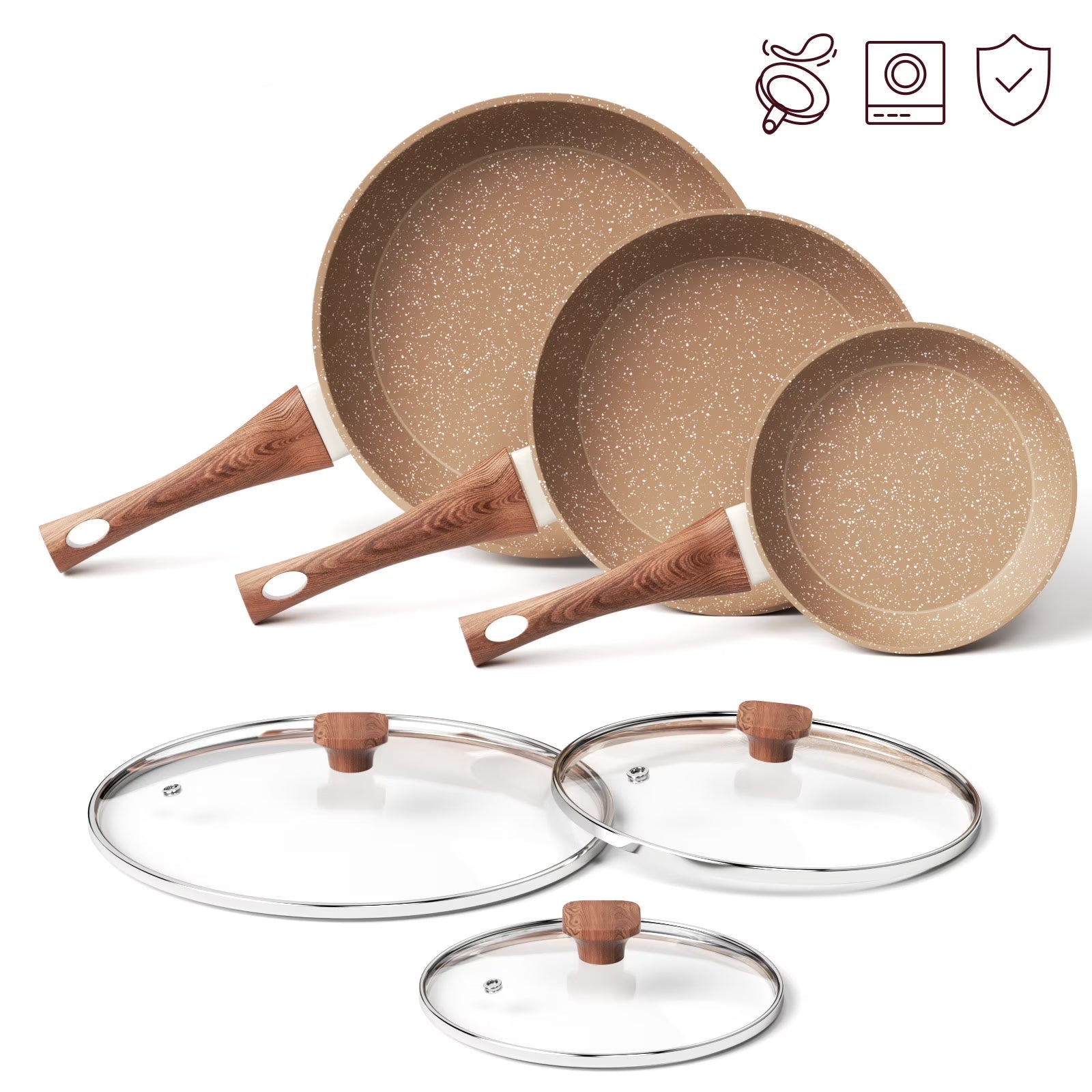 Nonstick Frying Pan and Skillet Set with Lid, 8", 9.5" and 11" Granite Cooking Induction