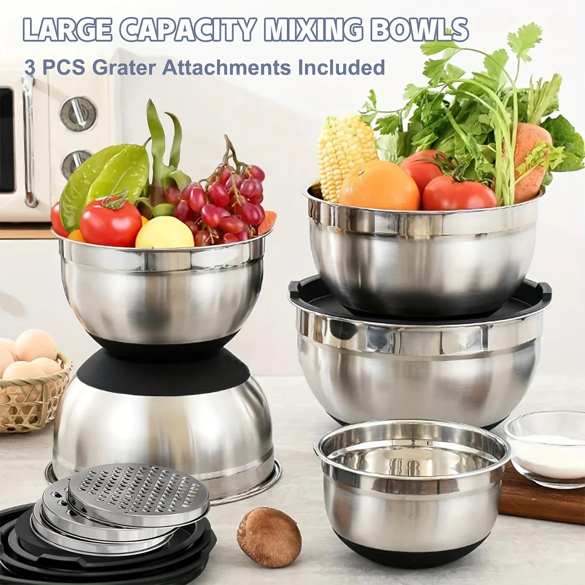 Elevate Your Baking Experience with Our 8-Piece Stainless Steel Mixing Bowl Set - Featuring Airtight Lids and Stylish Black Design!