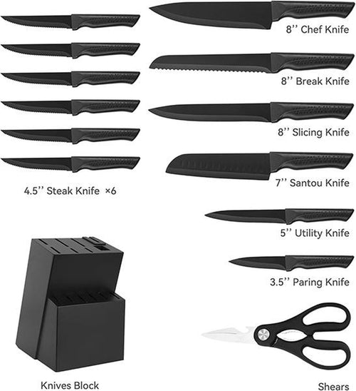 Elevate Your Culinary Skills with Our Premium 15-Piece Self-Sharpening Knife Set - Dishwasher Safe & Stylish Black Design