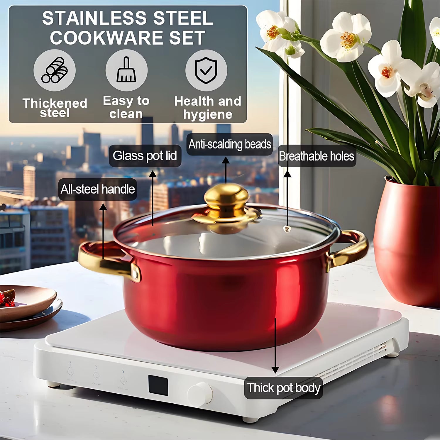 Elevate Your Cooking Experience with the 12-Piece Red Stainless Steel Non-Stick Cookware Set - Your Complete Kitchen Solution!