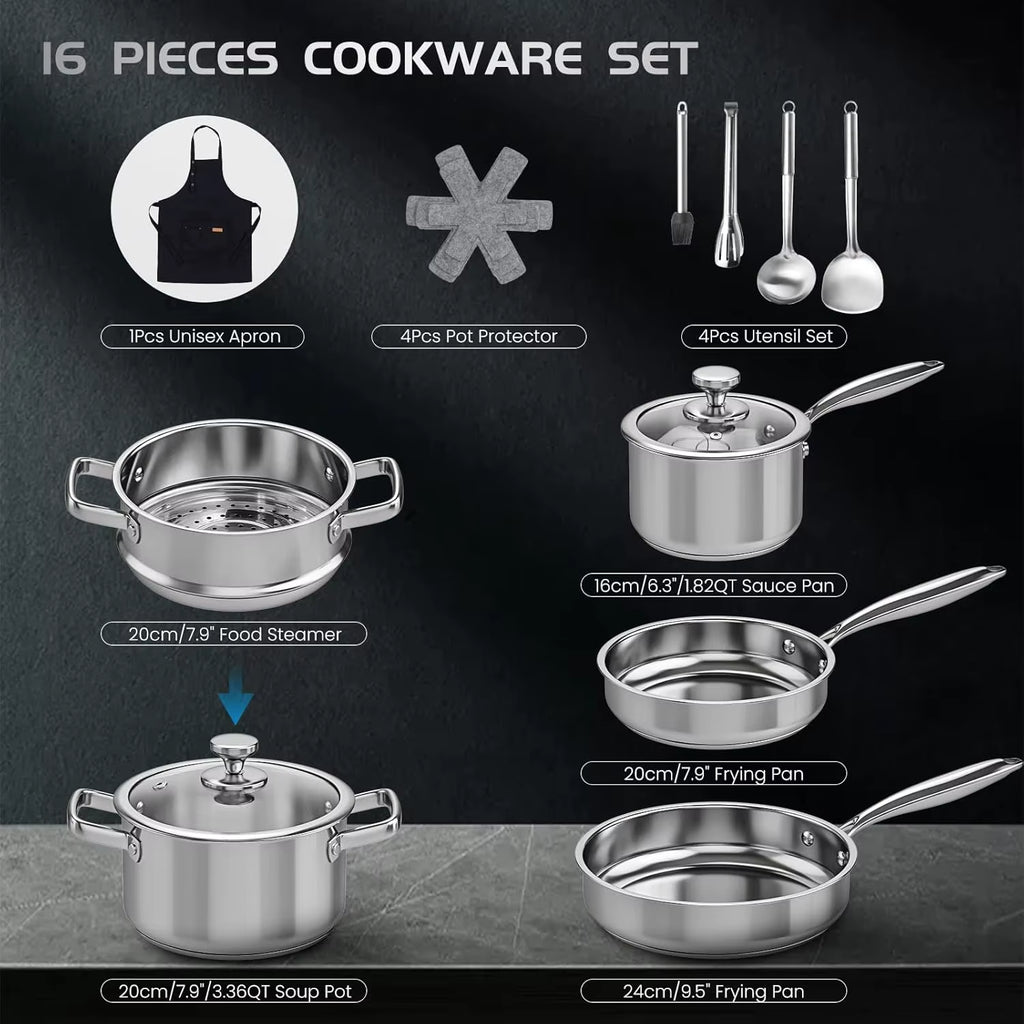 Elevate Your Cooking Experience with Our 16-Piece Non-Toxic Stainless Steel Pots and Pans Set - Complete with Steamer and Utensils!