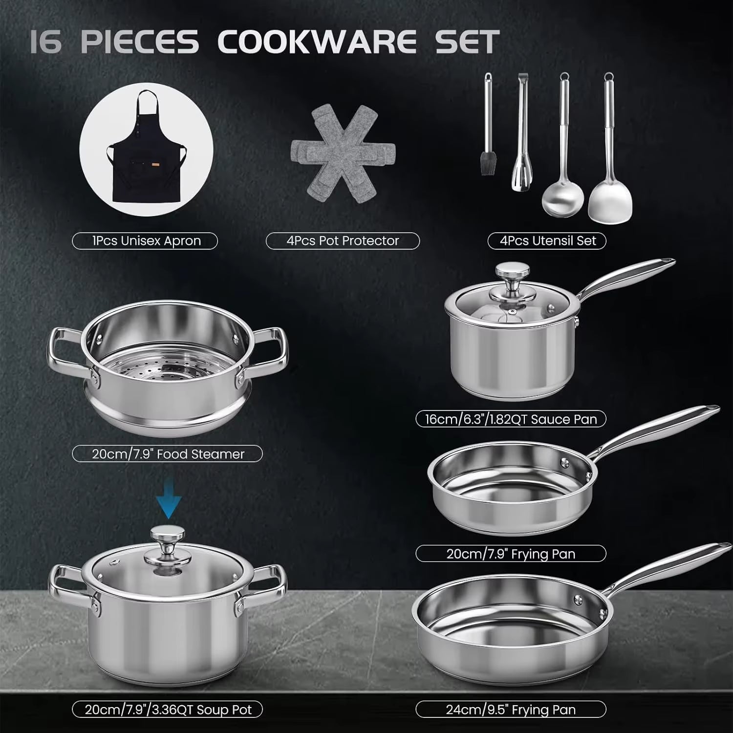 Elevate Your Cooking Experience with Our 16-Piece Non-Toxic Stainless Steel Pots and Pans Set - Complete with Steamer and Utensils!