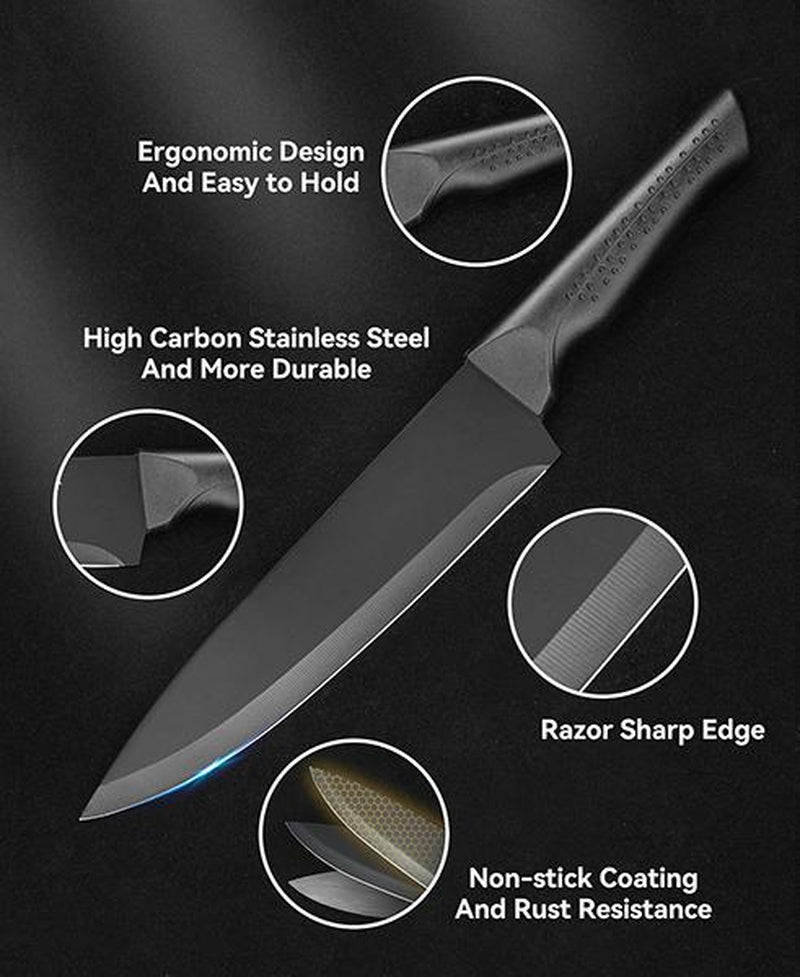 Elevate Your Culinary Skills with Our Premium 15-Piece Self-Sharpening Knife Set - Dishwasher Safe & Stylish Black Design