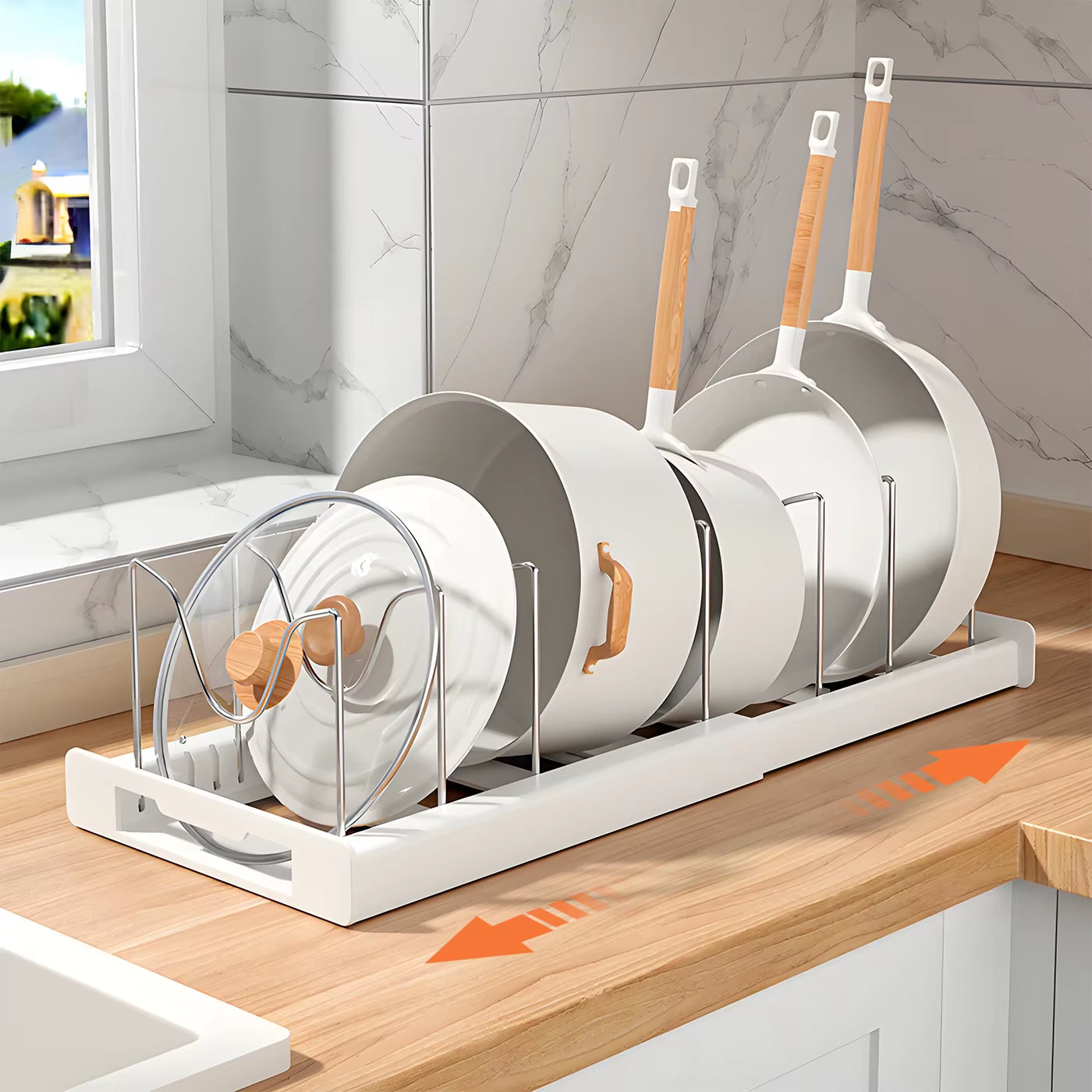 Expandable Utensil Storage Rack, Extendable Pot and Pan Organizer for Kitchen Cabinets, with 12 Adjustable Shelves, White