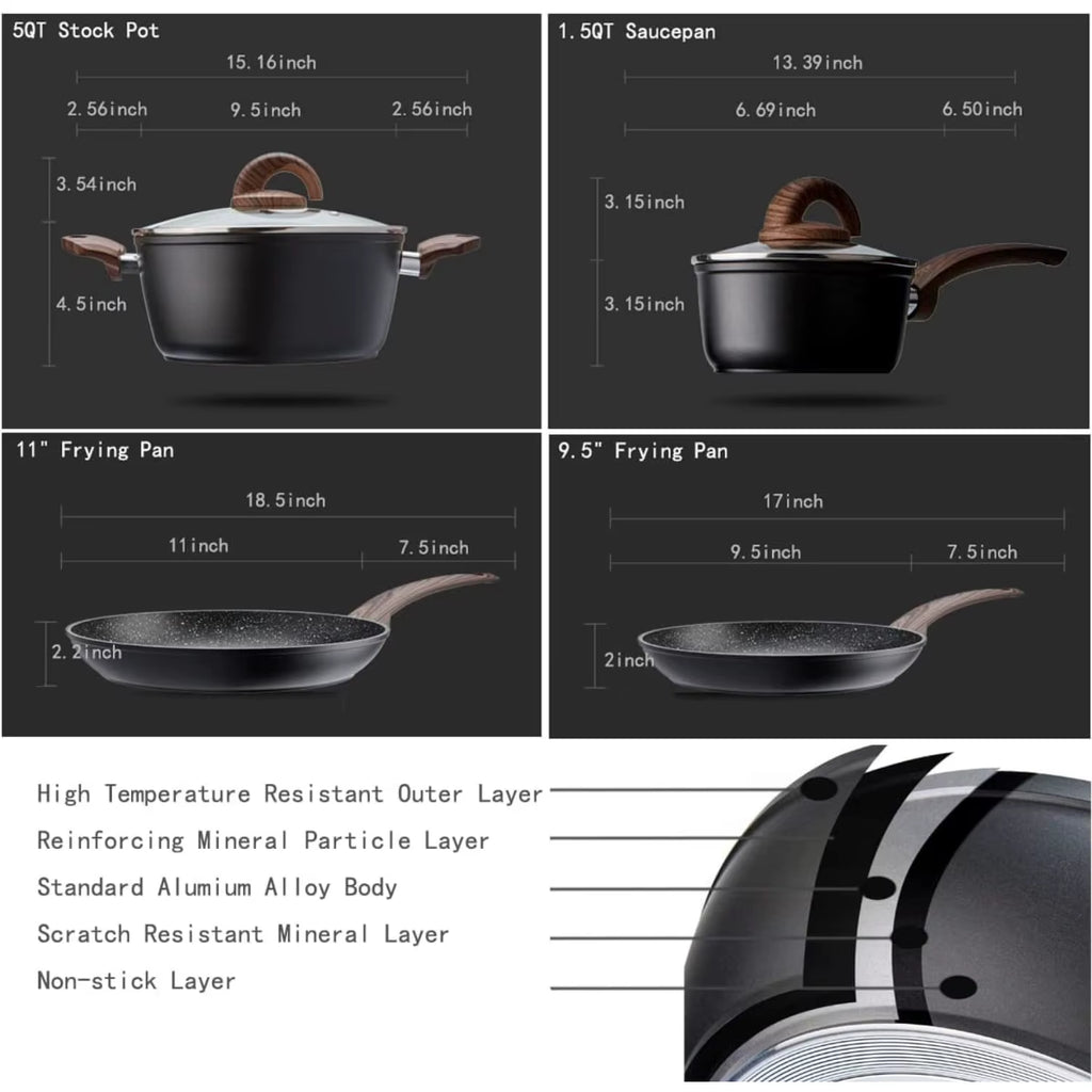 Pots and Pans Set Non Stick, Ceramic Cookware Set with Granite Pattern Kitchen Cooking Sets Induction Pot and Pan W/