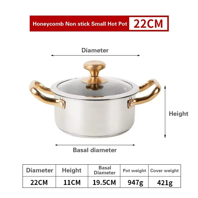 304 Stainless Steel Soup Pot Honeycomb Non-Stick Pot with Lid Household Hot Pot Induction Cooker Gas Stove Universal Frying Pan