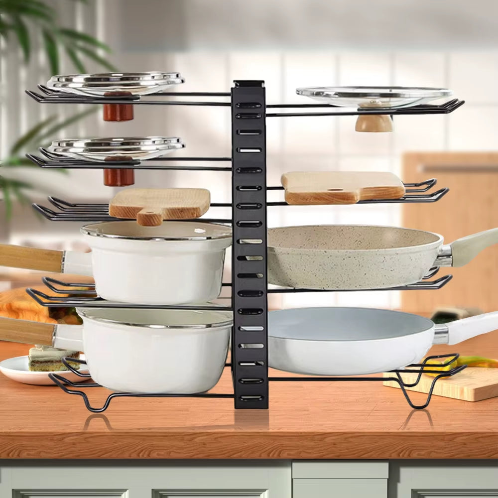 8-Tier Duty Pot Rack Organizer Durable Metal Space-Saving Cabinet Holder for Cabinet Cookware Organizers and Storage