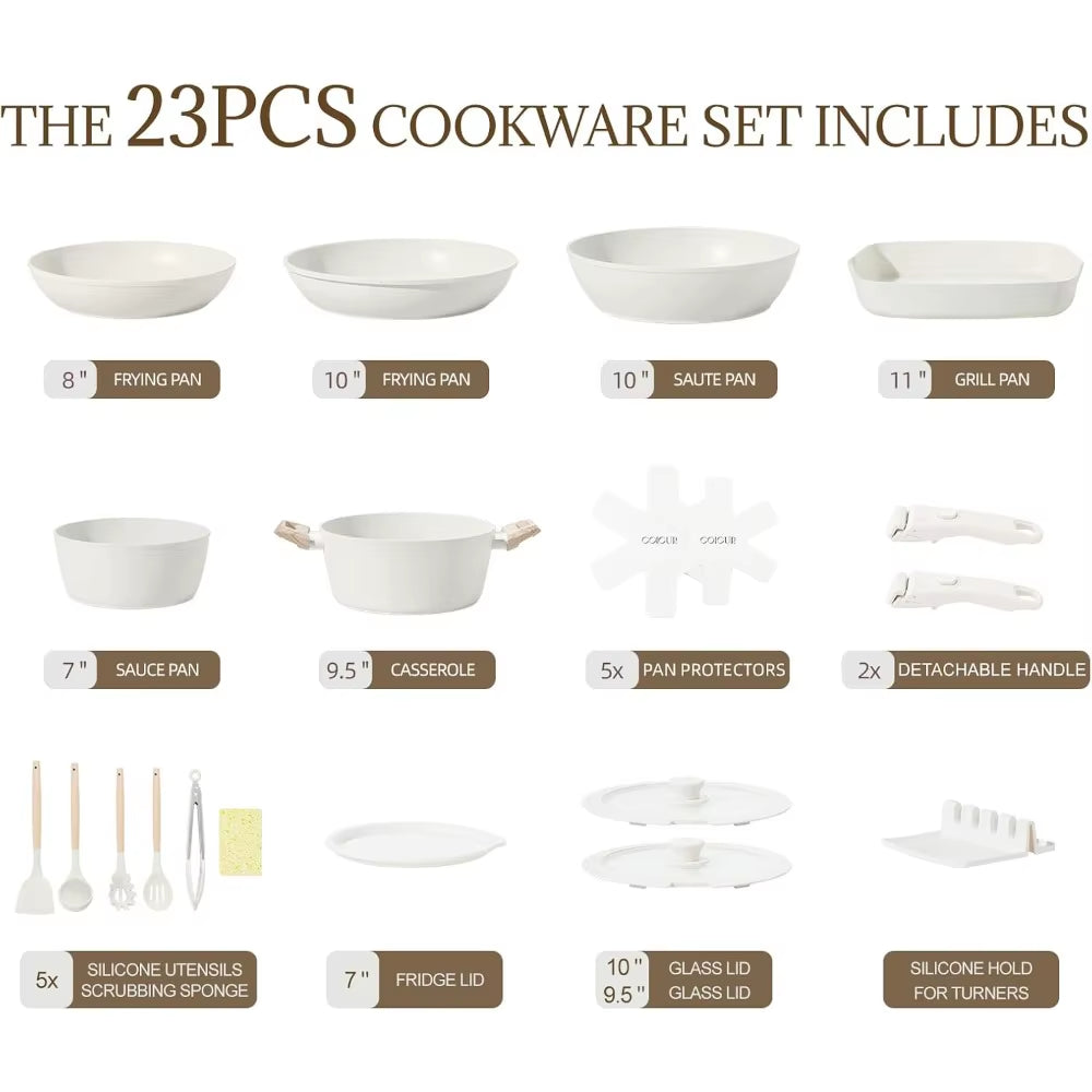 23Pcs Ceramic Cookware Set Non Stick Pots and Pans Set Non Toxic with Detachable Handle Induction Kitchen Cookware Set Space Sav