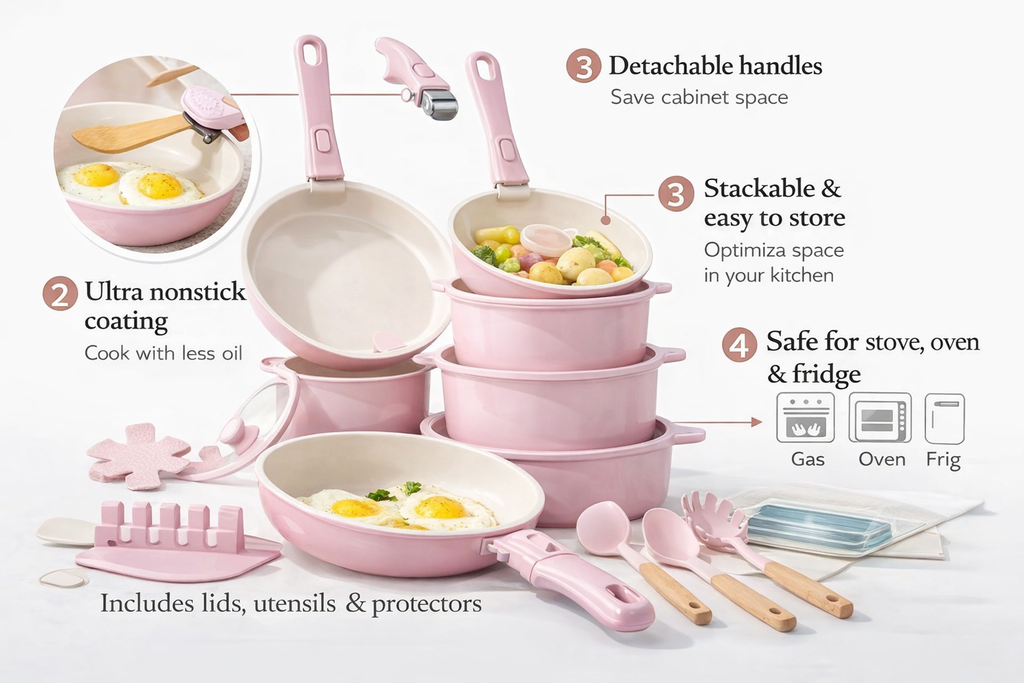21-Piece Nonstick Cookware Set — Space-Saving, Detachable Handles, Easy Cooking & Storage