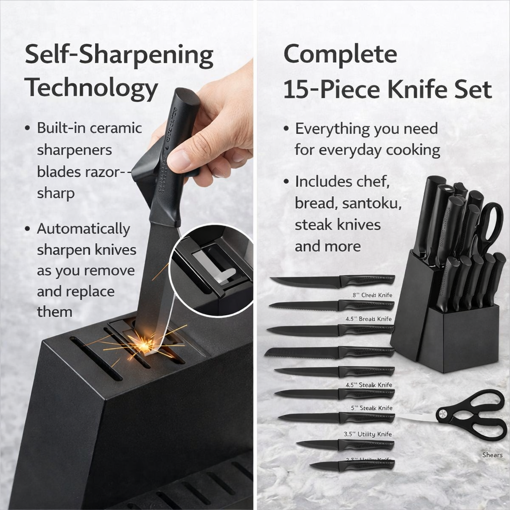 15-Piece Kitchen Knife Set with Block — Self-Sharpening, Dishwasher-Safe, Sleek Black Design