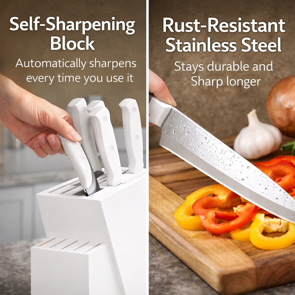 15-Piece Self-Sharpening Kitchen Knife Set — Rust-Resistant Stainless Steel, Ergonomic Handles & Modern Block