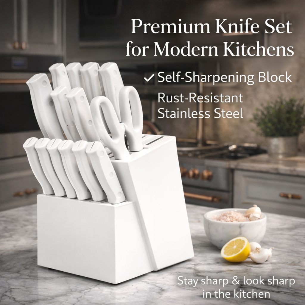 15-Piece Self-Sharpening Kitchen Knife Set — Rust-Resistant Stainless Steel, Ergonomic Handles & Modern Block