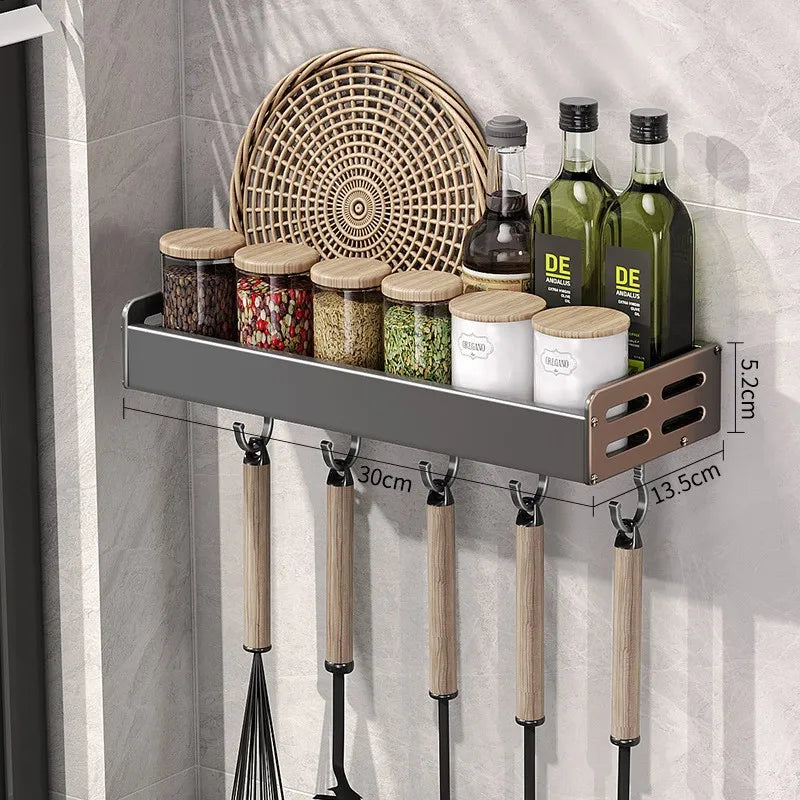 Wall Mount Utensil Holder Multifunctional Spice Organizer Shelf with Hooks Kitchen Hanging Storage Wall Shelf