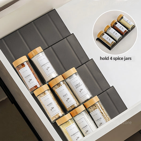 Transform Your Kitchen with the 4-Layer Adjustable Spice Drawer Organizer - Perfect for Spice Jars and Seasoning Bottles!