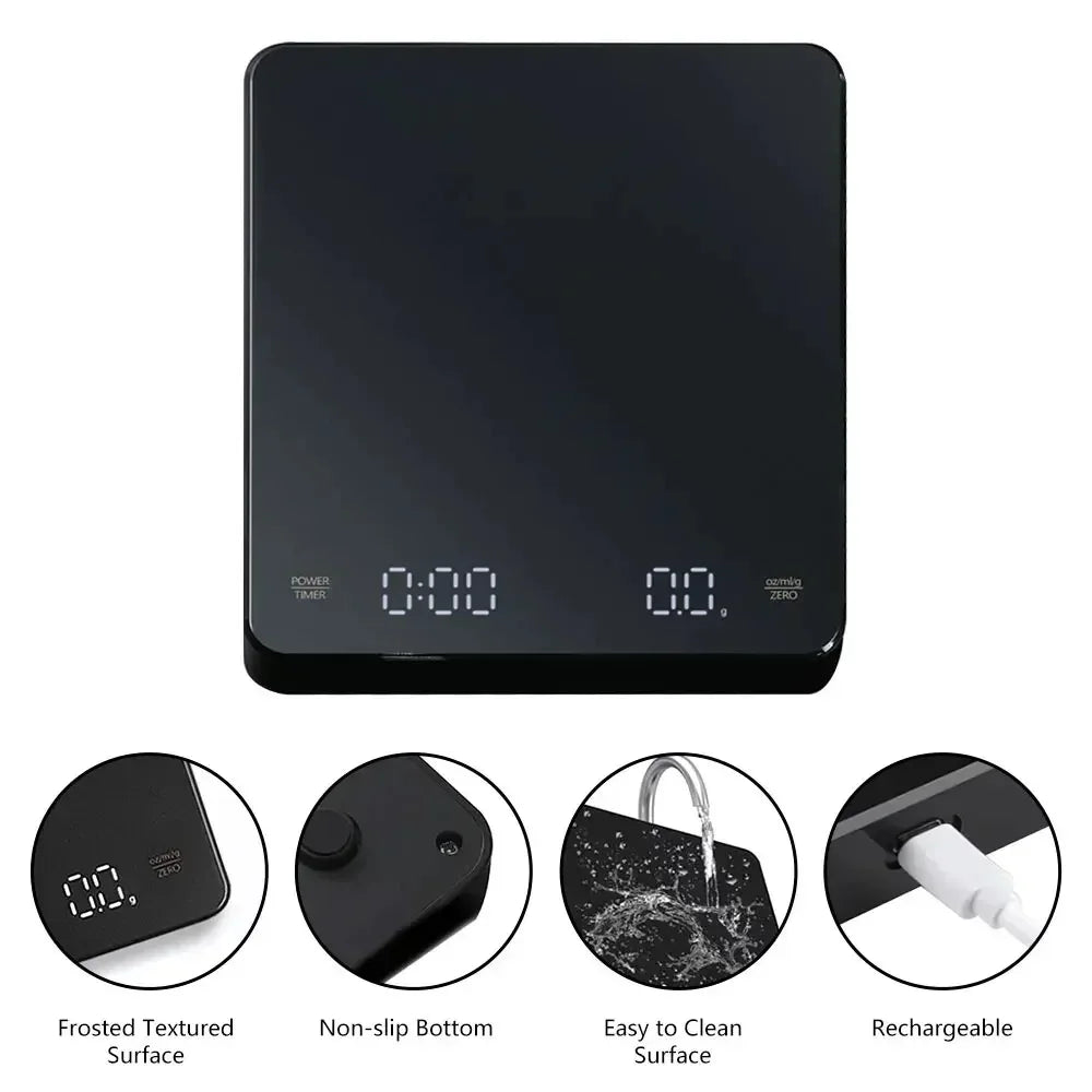 1Pc Digital Scale with Timer LED Screen Espresso USB 3Kg Max.Weighing 0.1G High Precision Measures in Oz/Ml/G Kitchen Scale