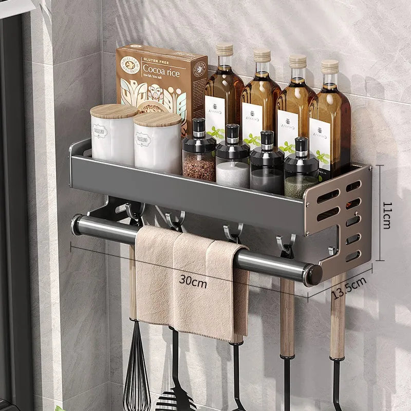 Wall Mount Utensil Holder Multifunctional Spice Organizer Shelf with Hooks Kitchen Hanging Storage Wall Shelf