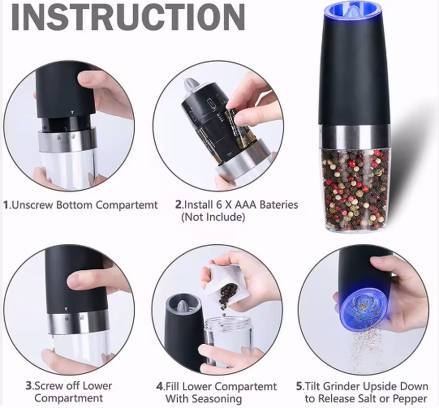 Electric Salt and Pepper Stainless Grinders (Set of 2) with Luxury Blue LED