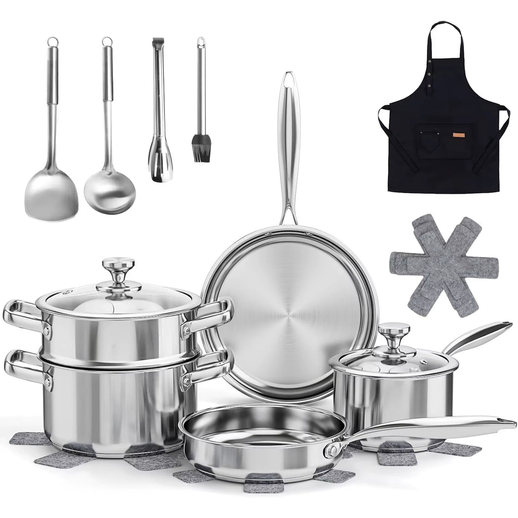 Elevate Your Cooking Experience with Our 16-Piece Non-Toxic Stainless Steel Pots and Pans Set - Complete with Steamer and Utensils!