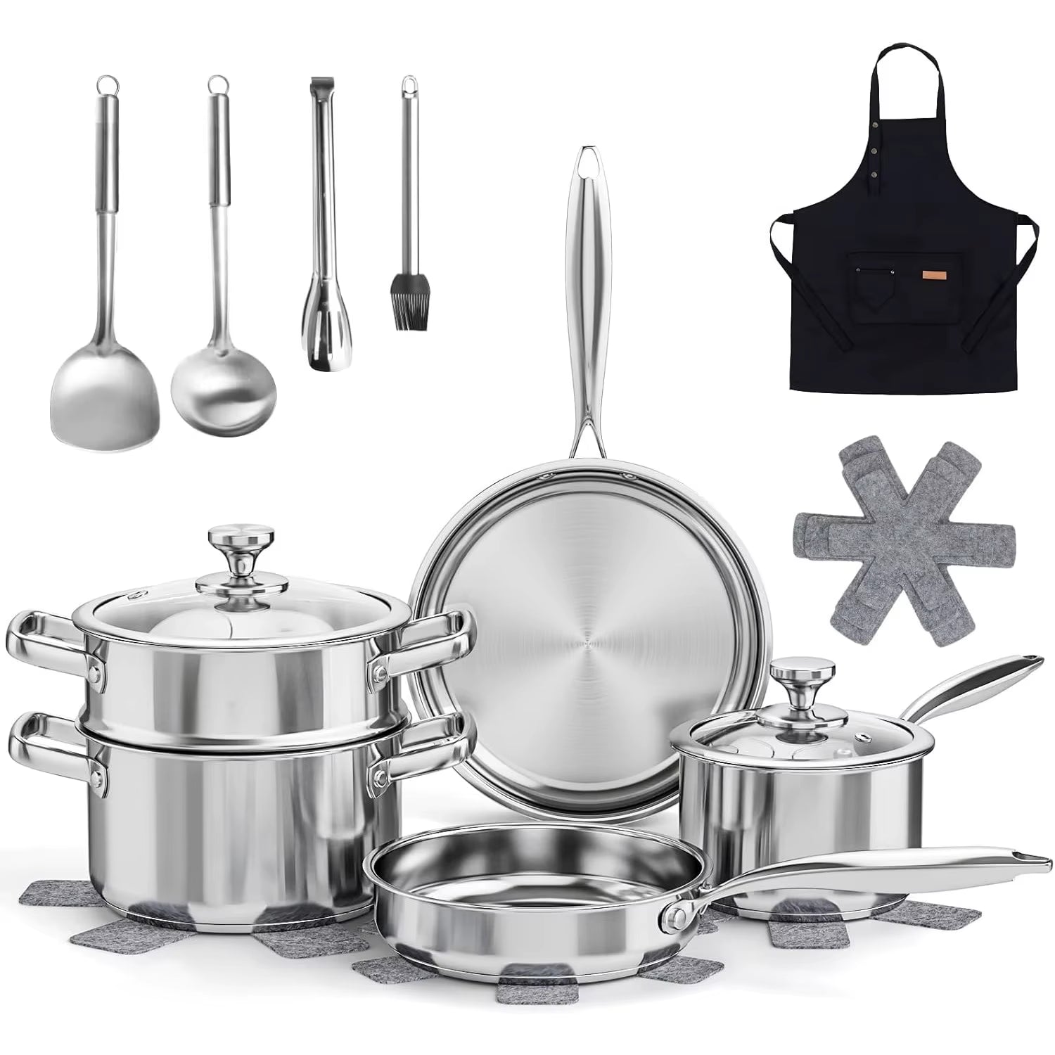 Elevate Your Cooking Experience with Our 16-Piece Non-Toxic Stainless Steel Pots and Pans Set - Complete with Steamer and Utensils!