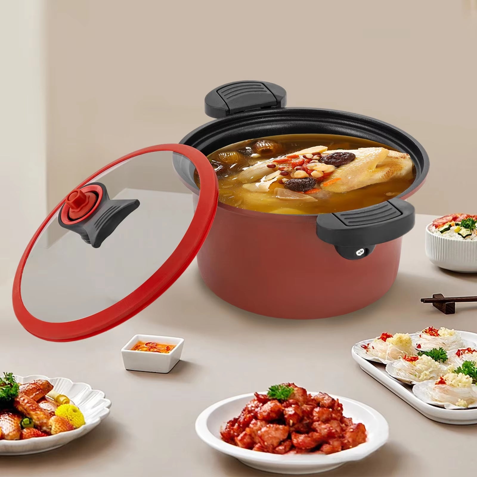 Stainless Steel Red Micro Pressure Cooker 1.8L Non-Stick Coating 304 Food Grade for Induction Gas Stove Home Kitchen
