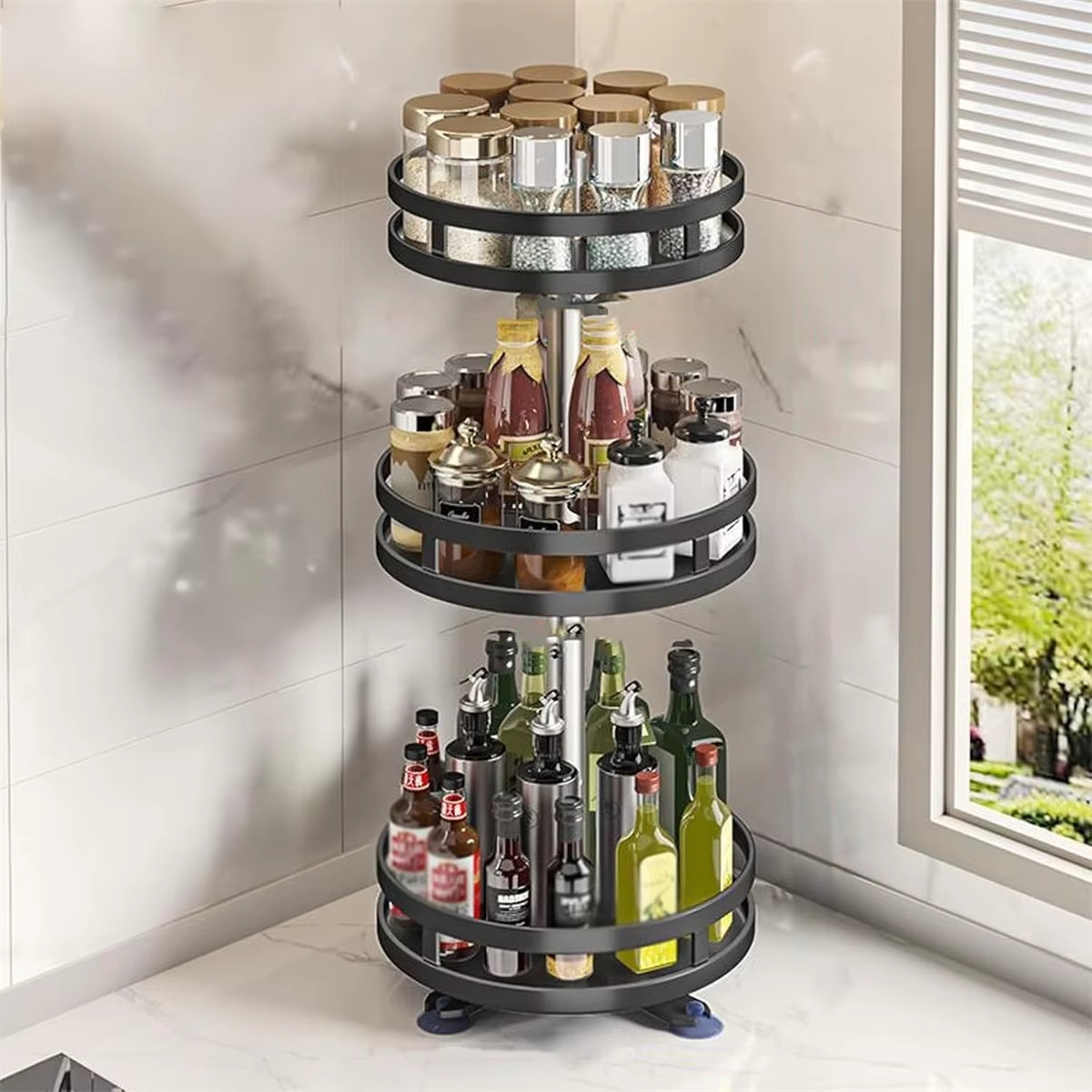 360° Rotation Carbon Steel Spice Rack Organizer Non-Skid Kitchen Storage Tray for Seasonings and Cans - Efficient Spice