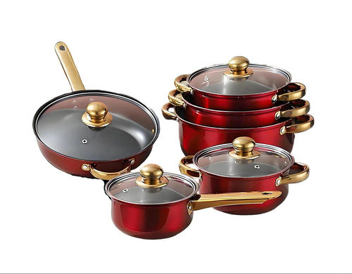 Elevate Your Cooking Experience with the 12-Piece Red Stainless Steel Non-Stick Cookware Set - Your Complete Kitchen Solution!