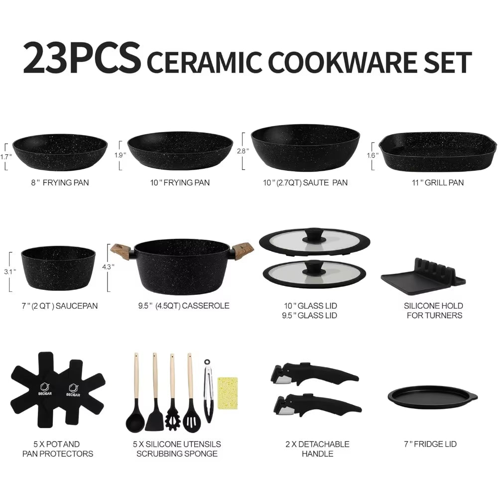 23Pcs Ceramic Pots and Pans Set, Nonstick Detachable Handle Cookware, Induction Kitchen Cooking Set with Removable Handle,Includ