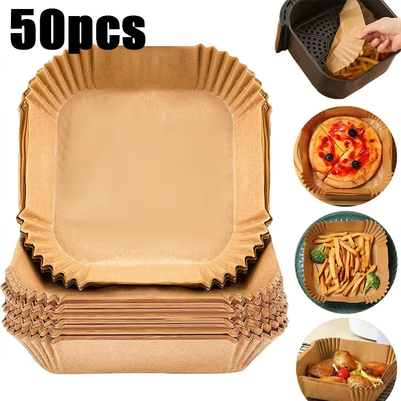50Pcs Air Fryer Liners - Food-Grade Thickened Parchment, Non-Stick Heat-Resistant, Easy Clean, Daily Cooking/Family Meals