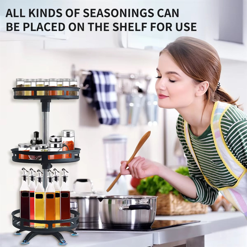 360° Rotation Carbon Steel Spice Rack Organizer Non-Skid Kitchen Storage Tray for Seasonings and Cans - Efficient Spice