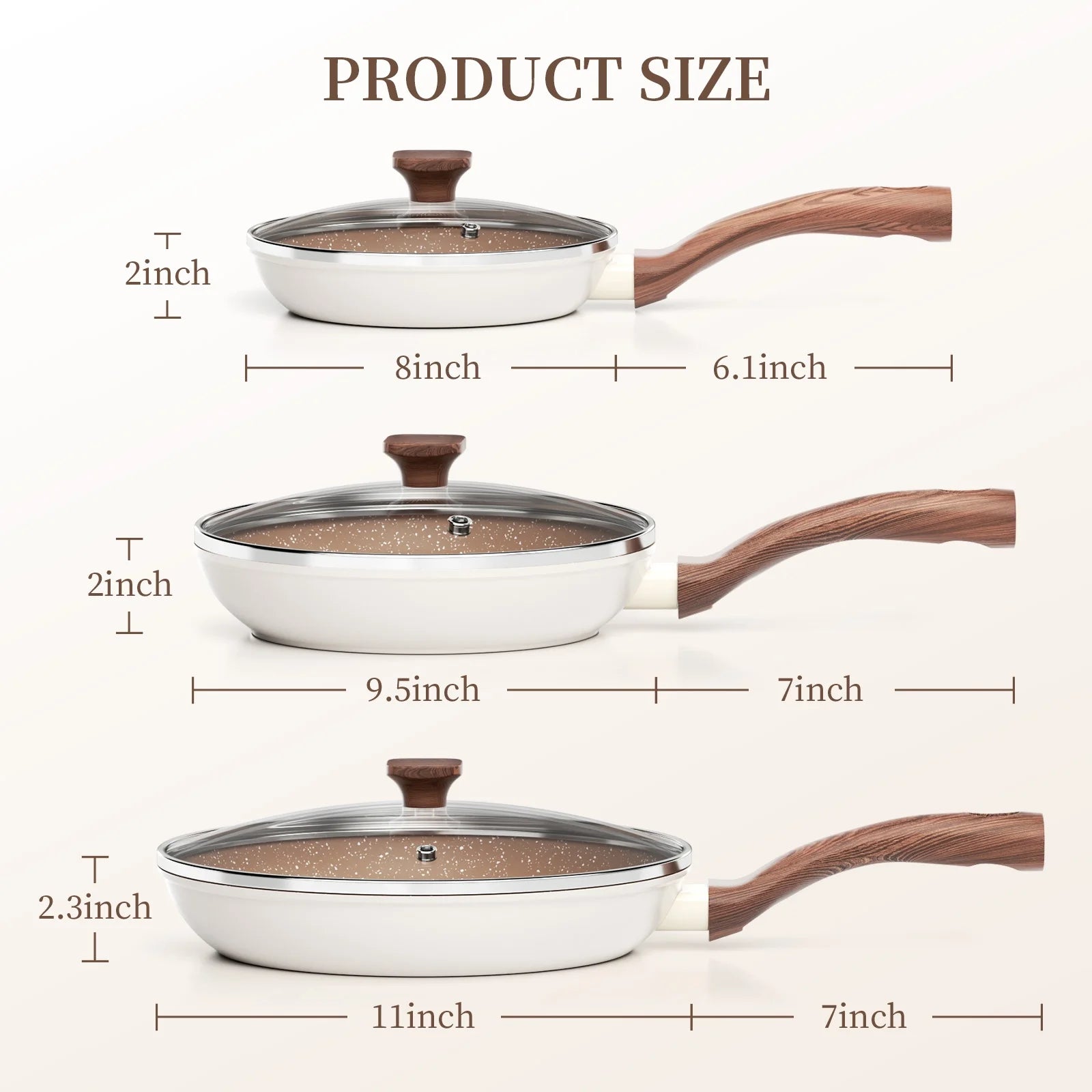 Nonstick Frying Pan and Skillet Set with Lid, 8", 9.5" and 11" Granite Cooking Induction